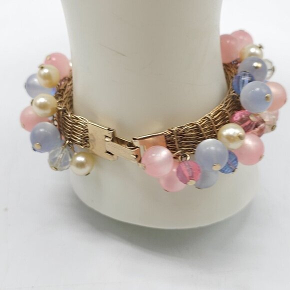 Vintage Pink Purple Cha Cha Bracelet With Glass Beads Faux Pearls - Picture 3 of 5